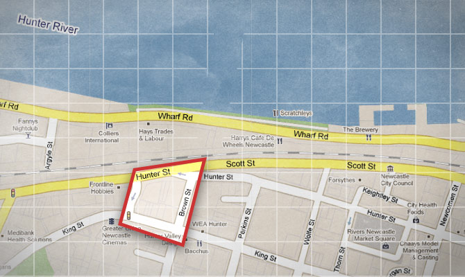 Brown & Crown St, Newcastle Map